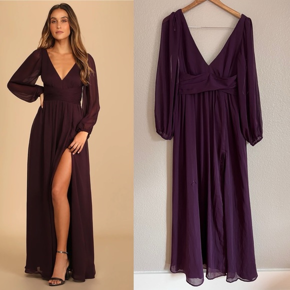 Enchant My Love Dark Purple V-Neck Long Sleeve Maxi Dress - Picture 1 of 6